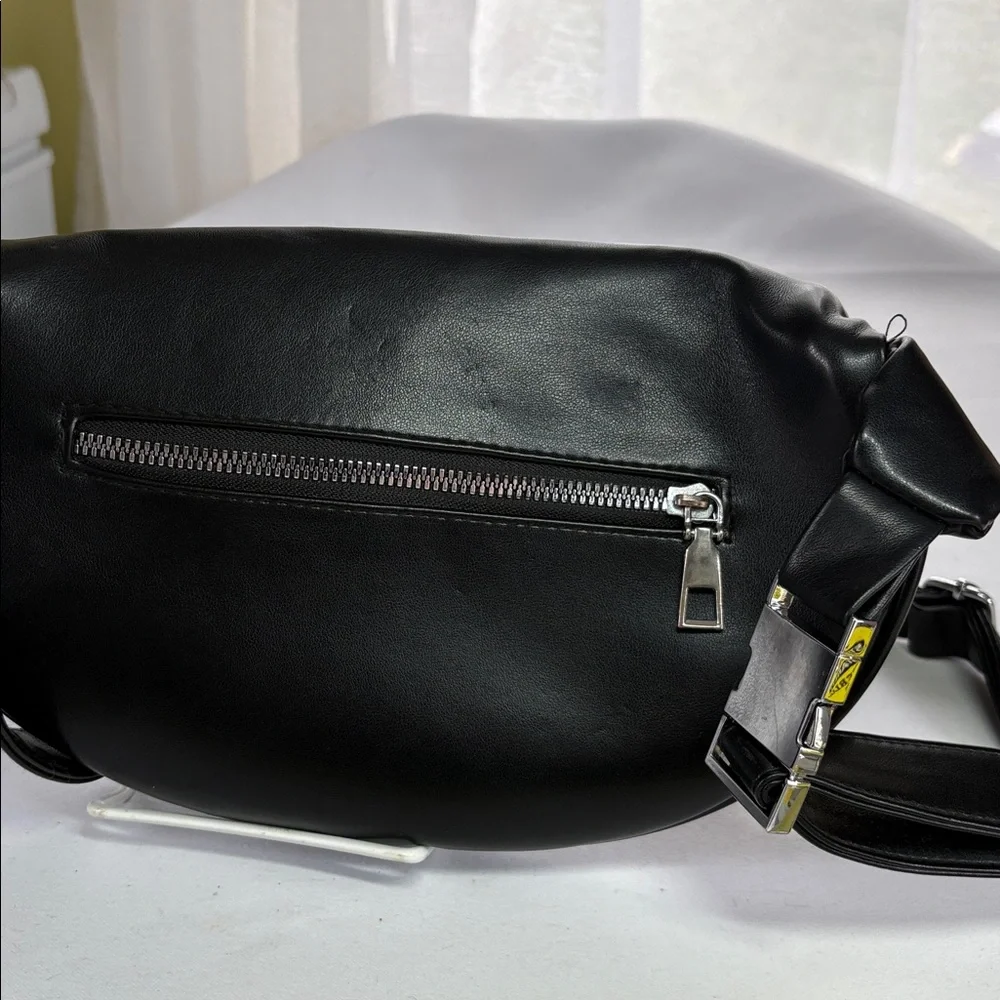 Black Sleek Manmade Belt Sling Crossbody Bag